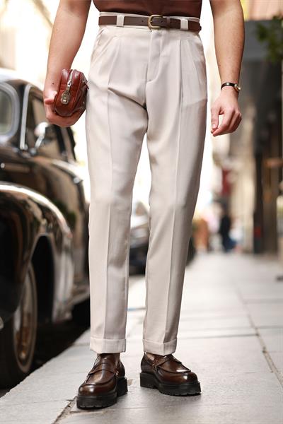 Premium Kalite Bej Kalın Köprü Detay %100 Pamuk Tensel Pantolon