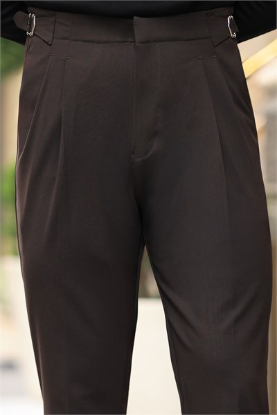 Premium Kalite Kahverengi İtalyan Kalıp Çift Toka Detay Tailor Style Pantolon