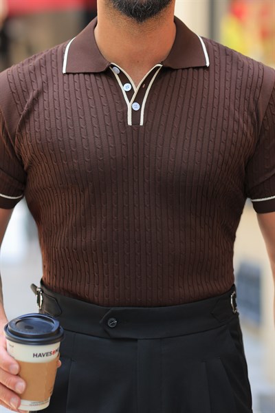 İtalyan Yaka Kahverengi Jakarlı Düğme Detay Regular Fit Triko