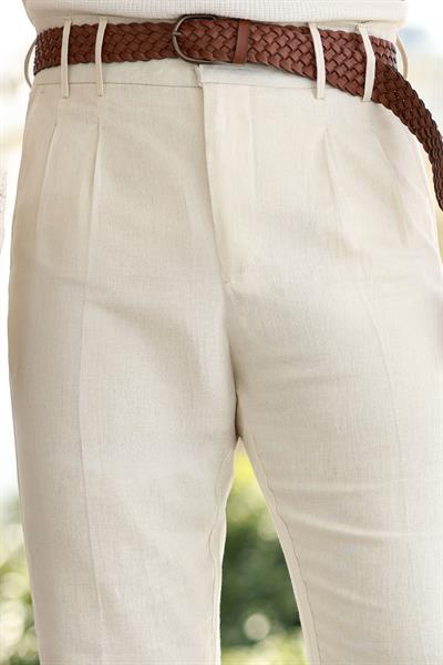 1. Kalite Çift Köprü Taş Rengi Keten Pantolon