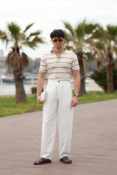 Premium Kalite Ekru %70 Saf Keten %30 Pamuk Çift Pileli Baggy Pantolon