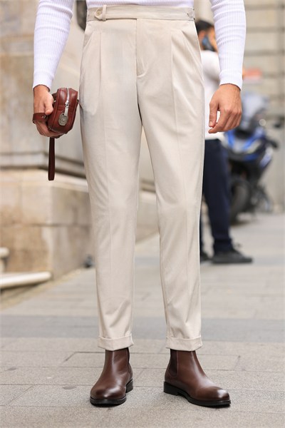 Premium Kalite Bej %100 Pamuk Kadife Kumaş Çift Pile Ve Kemerli İtalyan Style Pantolon