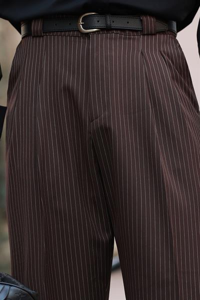Premium Kalite Kahverengi Çizgi Detay Çift Pileli Boyfriend Yüksek Bel Pantolon