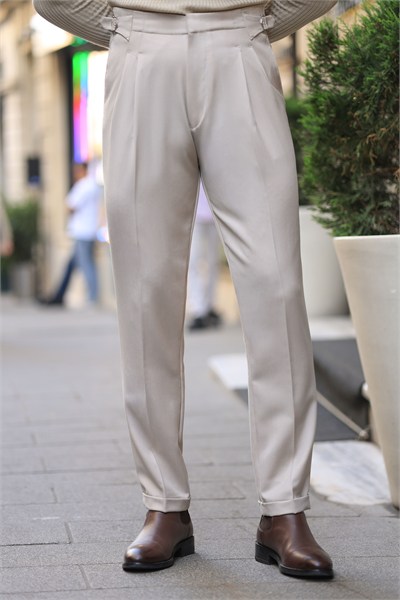 Premium Kalite Bej İtalyan Kalıp Çift Toka Detay Tailor Style Pantolon