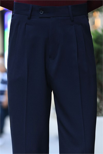 1.Kalite Lacivert Tek Düğme Detay Çift Pileli Casual  Baggy Pantolon