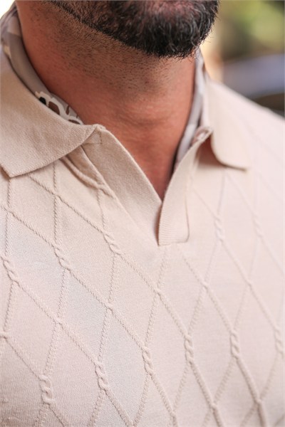 %100 Pamuk Bej Rengi Diamond Mesh İtalyan Yaka Triko