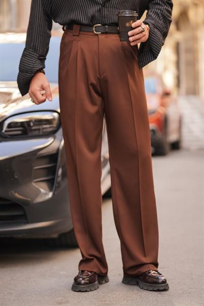Premium Kalite Kahverengi Yüksek Bel Çift Pileli Baggy Pantolon
