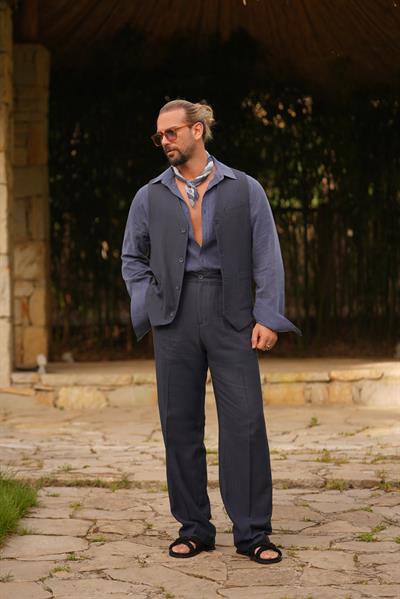 Premium Kalite Lacivert İtalyan Stil Regular Fitt Yelekli Keten Takım