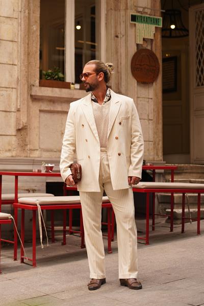 Premium Kalite Özel Tasarım Bej Oversize Çizgili Takım Elbise