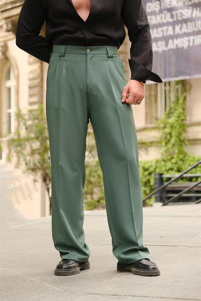 Premium Kalite Yeşil Yüksek Bel Çift Pileli Baggy Pantolon