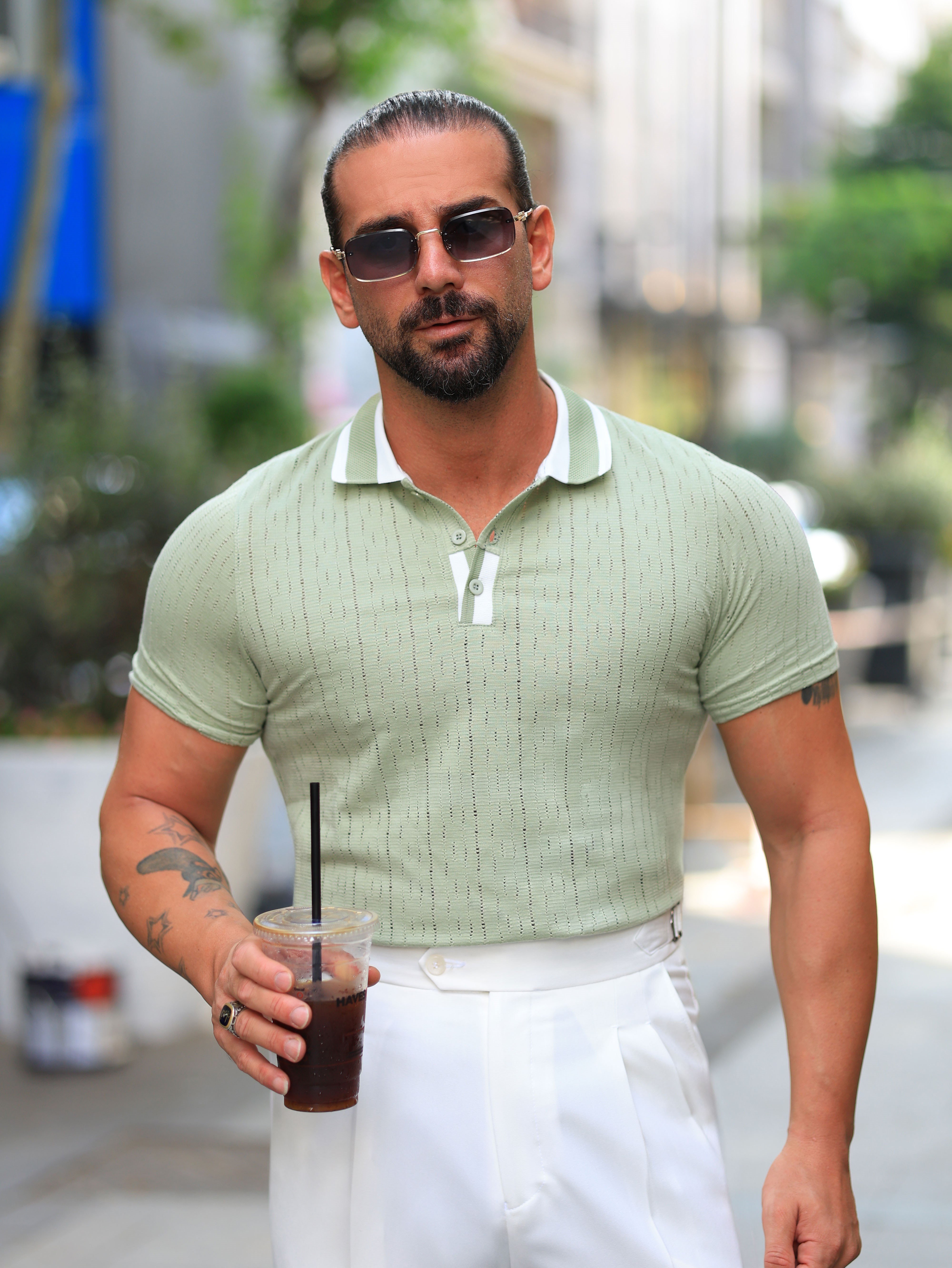 Premium Kalite Çizgi Dokulu Polo Yaka Mint Yeşili Regular Fit Triko