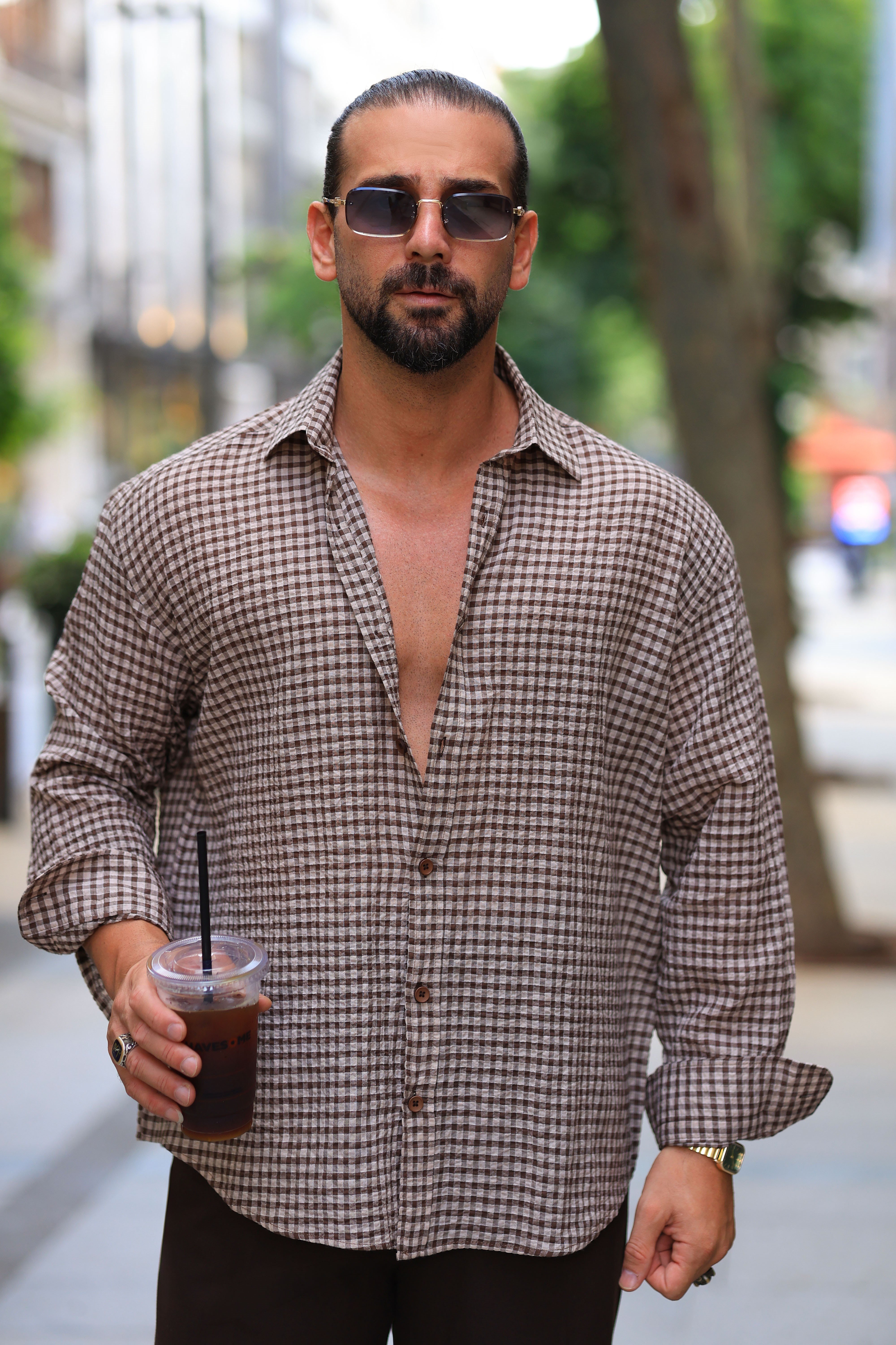 Premium Kalite Oversize Fit Kareli %100 Pamuk Kahverengi Gofre Gömlek