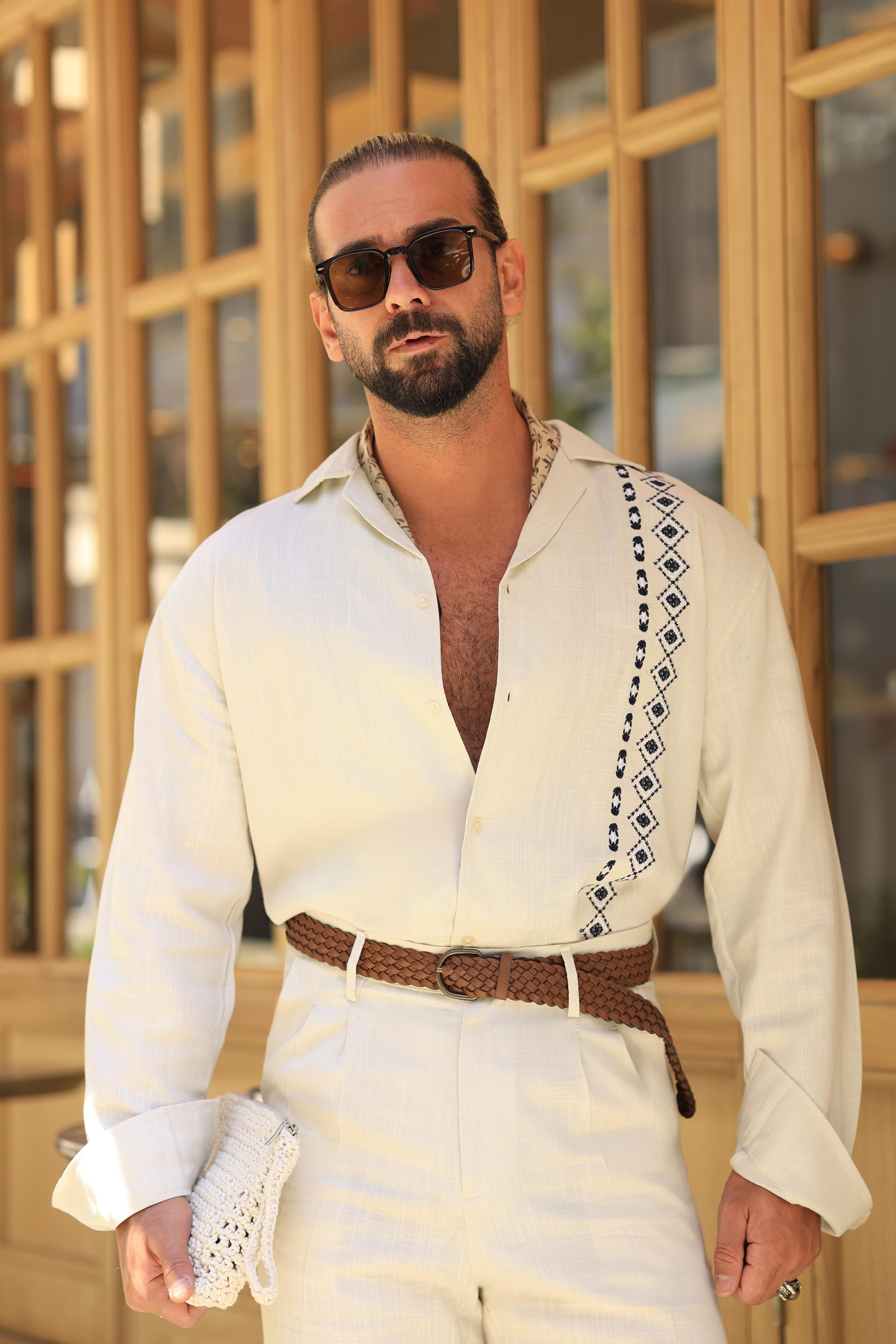 Premium Kalite %70 Saf Keten %30 Pamuk Nakış Detaylı Bej Gömlek