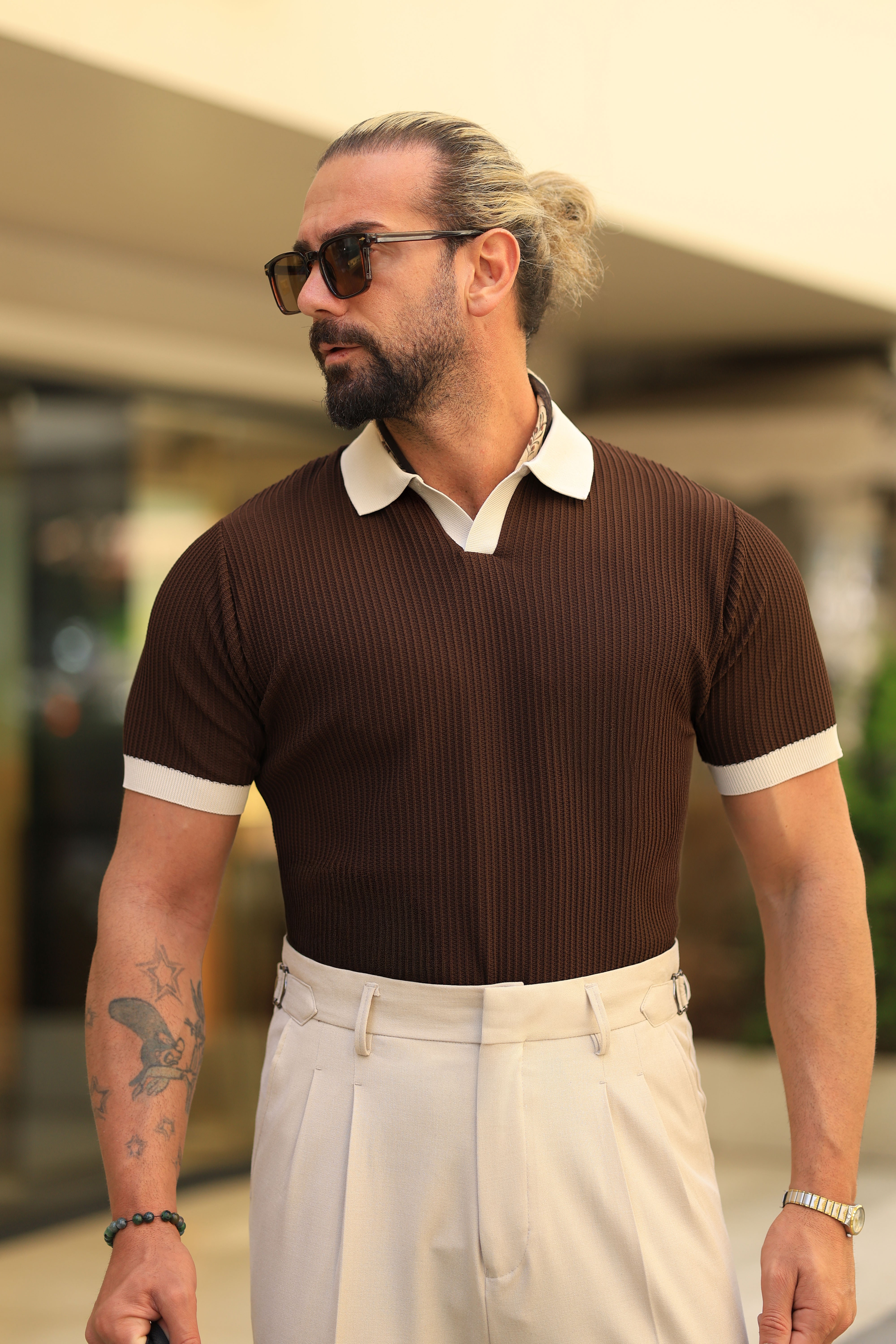 1.Kalite İtalyan Yaka %70 Pamuk %30 Viskon Casual Kahverengi Dokuma Triko