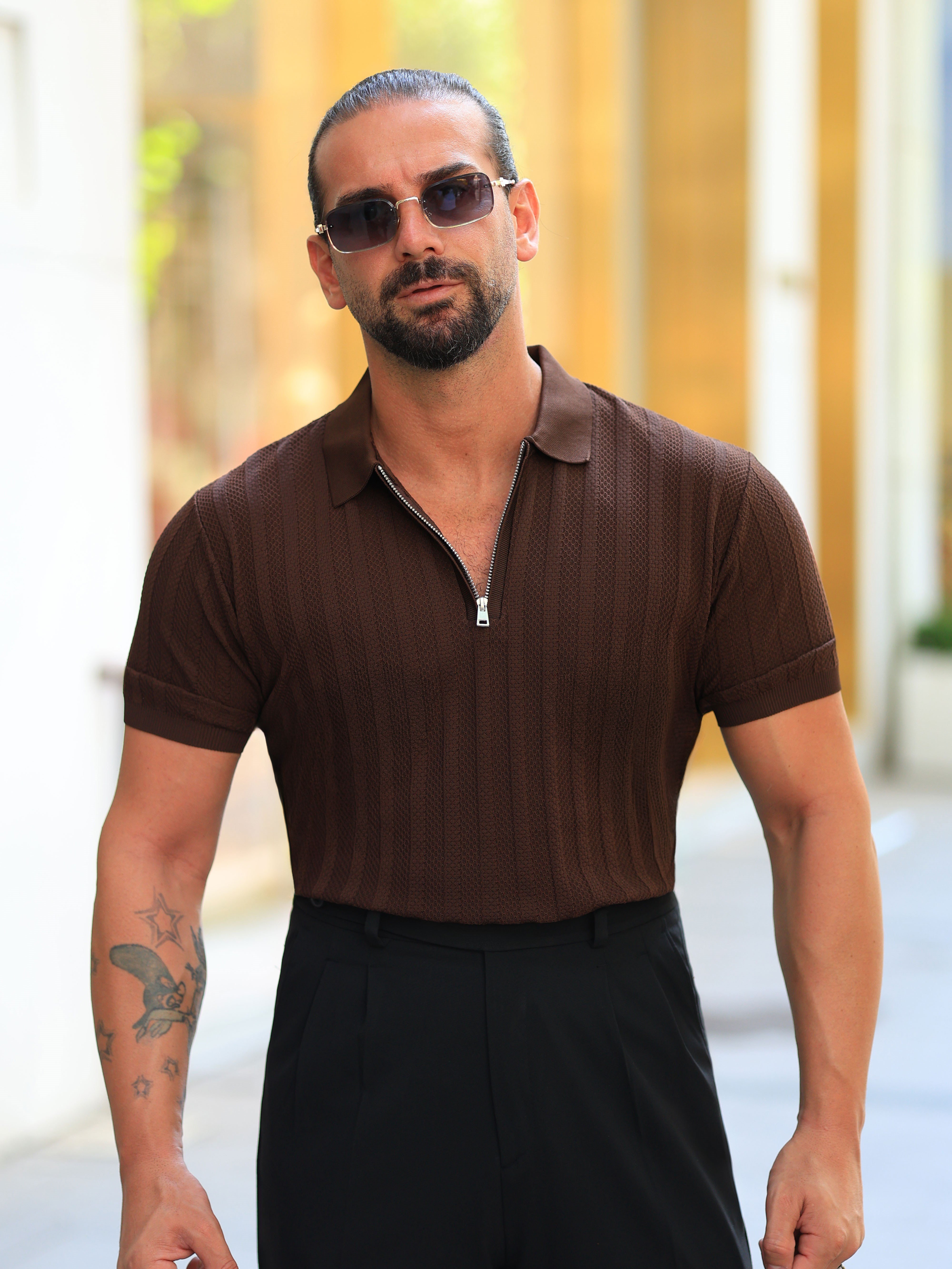 Premium Kalite Kalın Şerit ve Fermuar Detay Kahverengi Regular Fit Triko