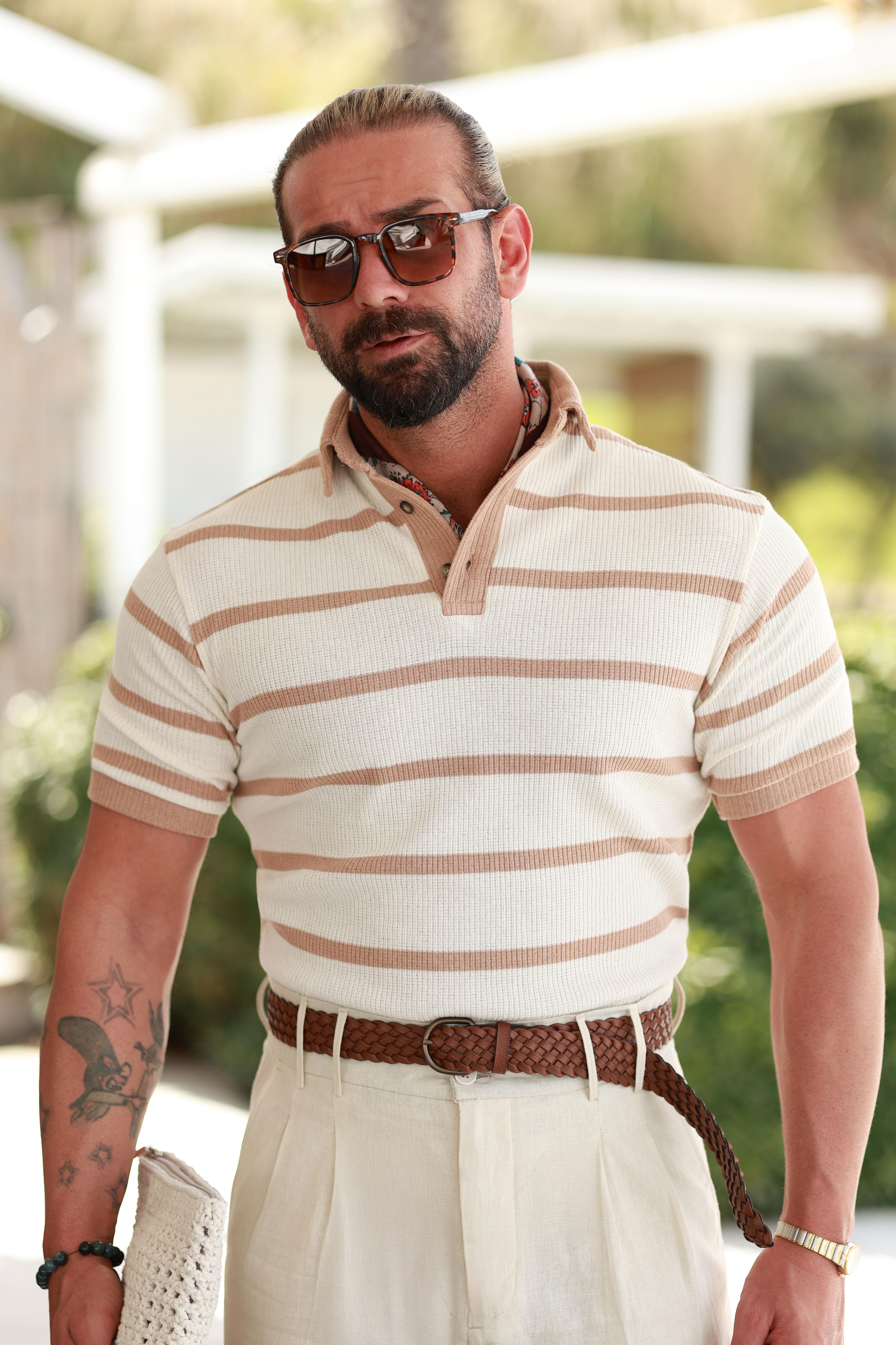 Premium Kalite Bej Şerit Detay %70 Pamuk %30 Keten Relax Fit Triko