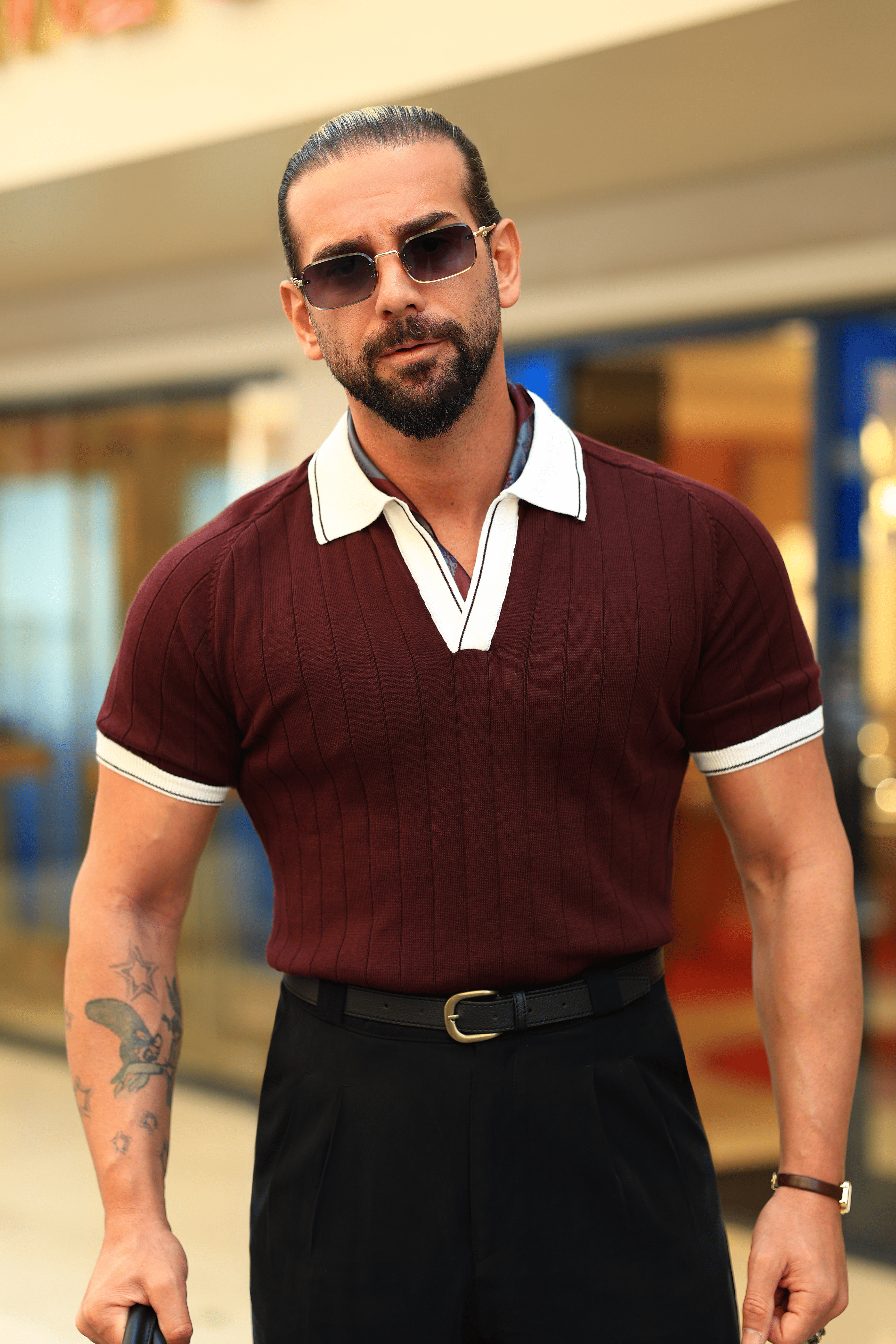 Premium Kalite %100 Pamuk Bordo  Dikey Şerit Kontrast Triko