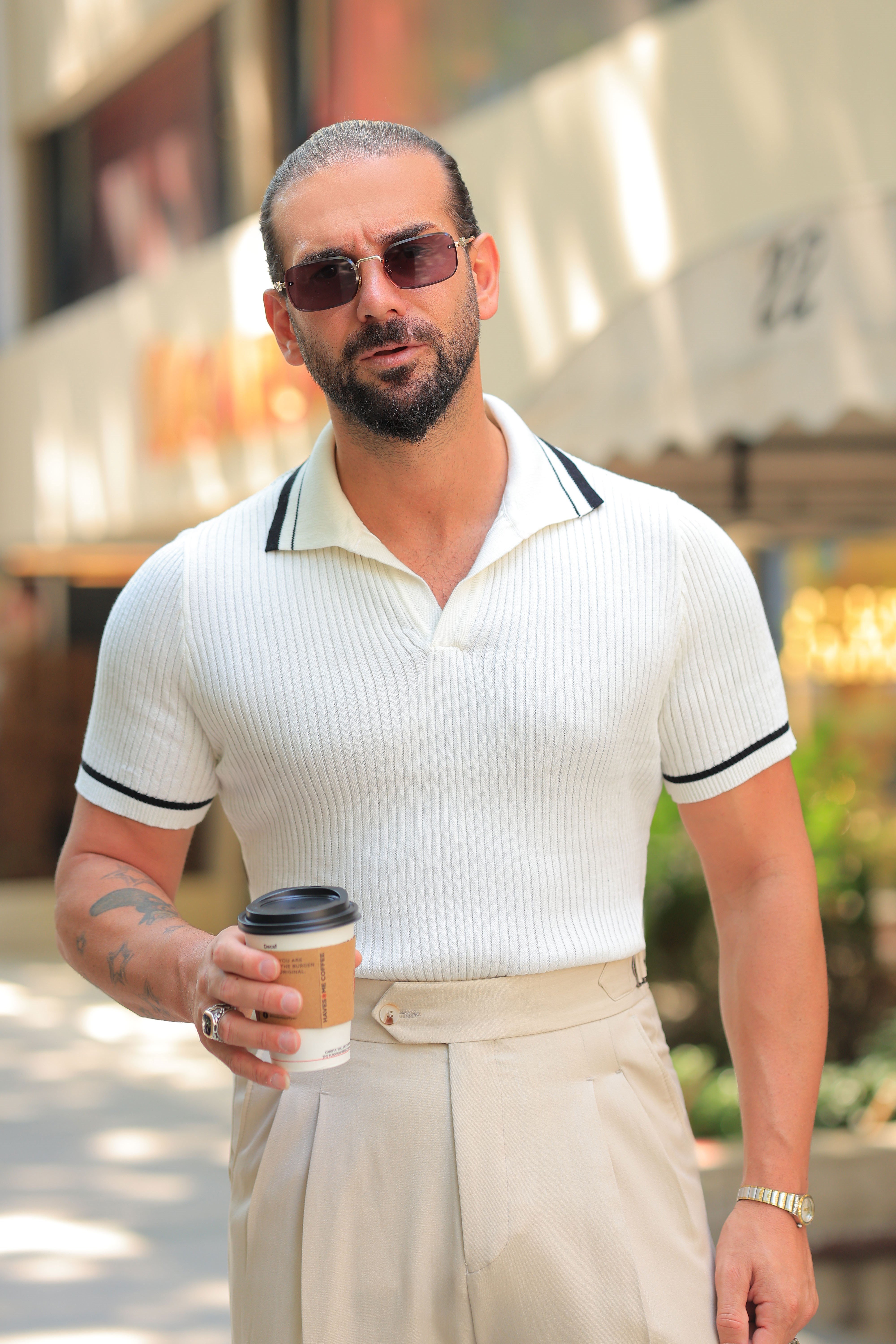 %100 Pamuk Likralı Ekru İnce Fitilli Regular Fit Triko