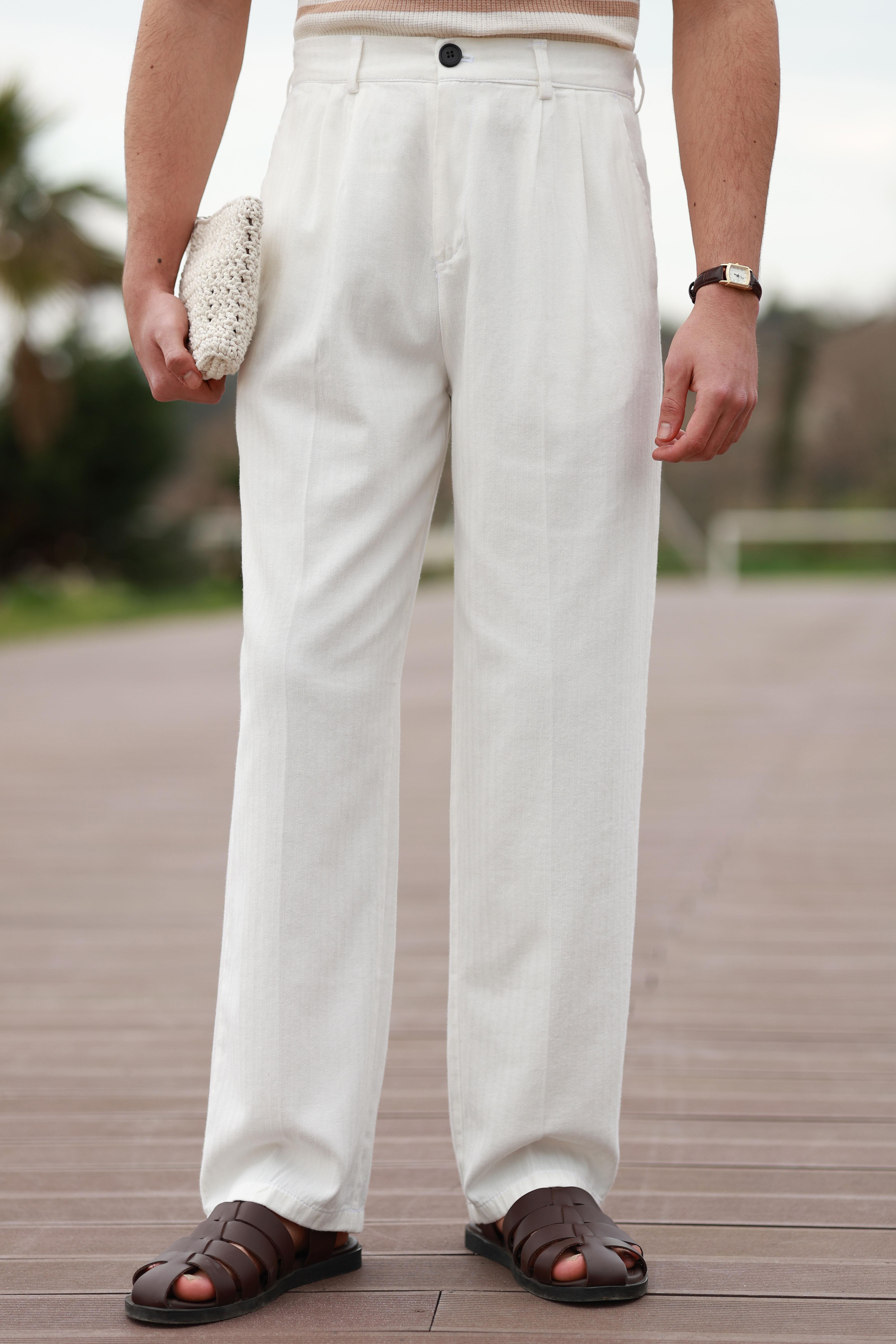 Premium Kalite Ekru %70 Saf Keten %30 Pamuk Çift Pileli Baggy Pantolon