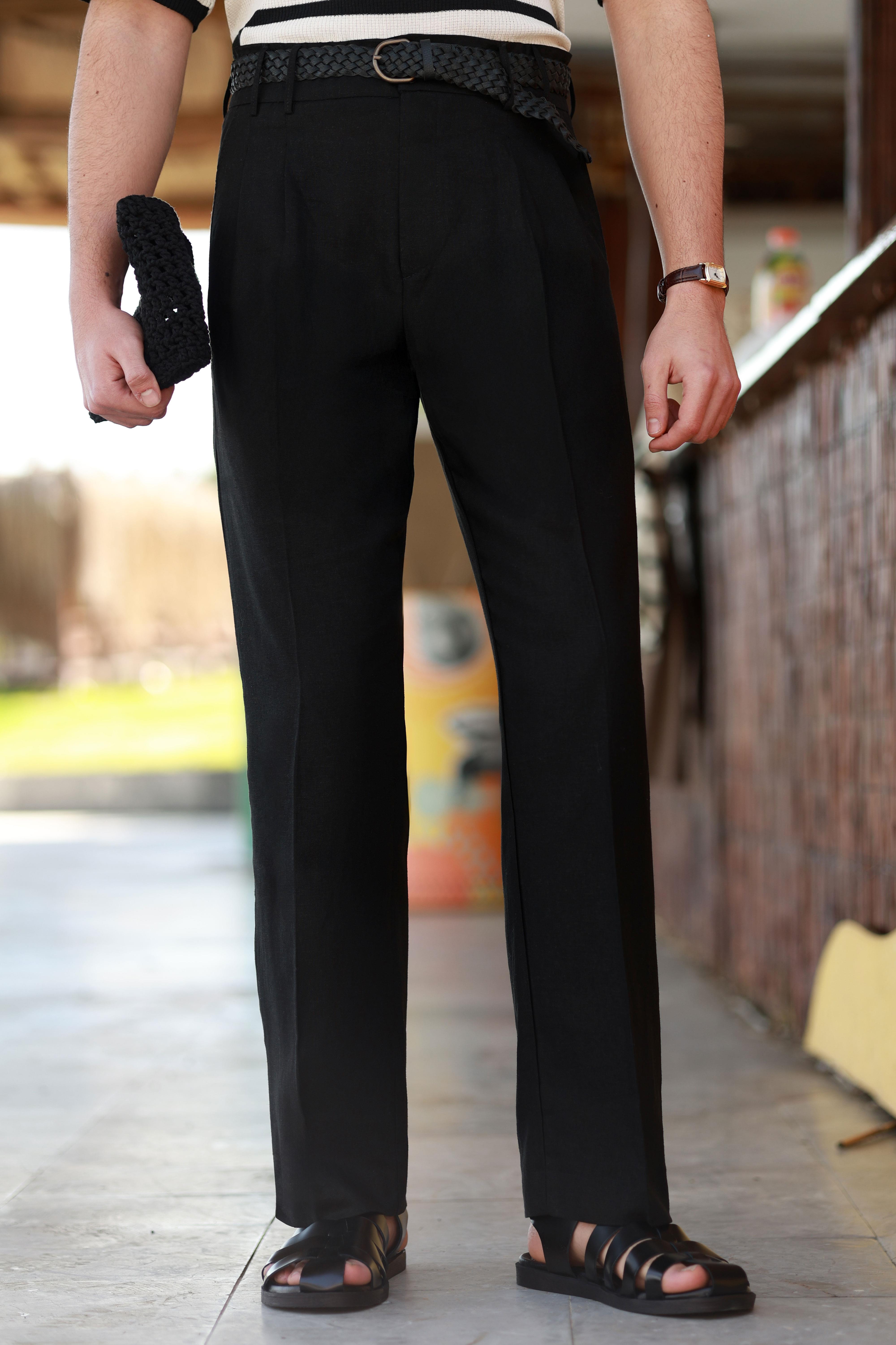 1. Kalite Çift Köprü Siyah Keten Pantolon