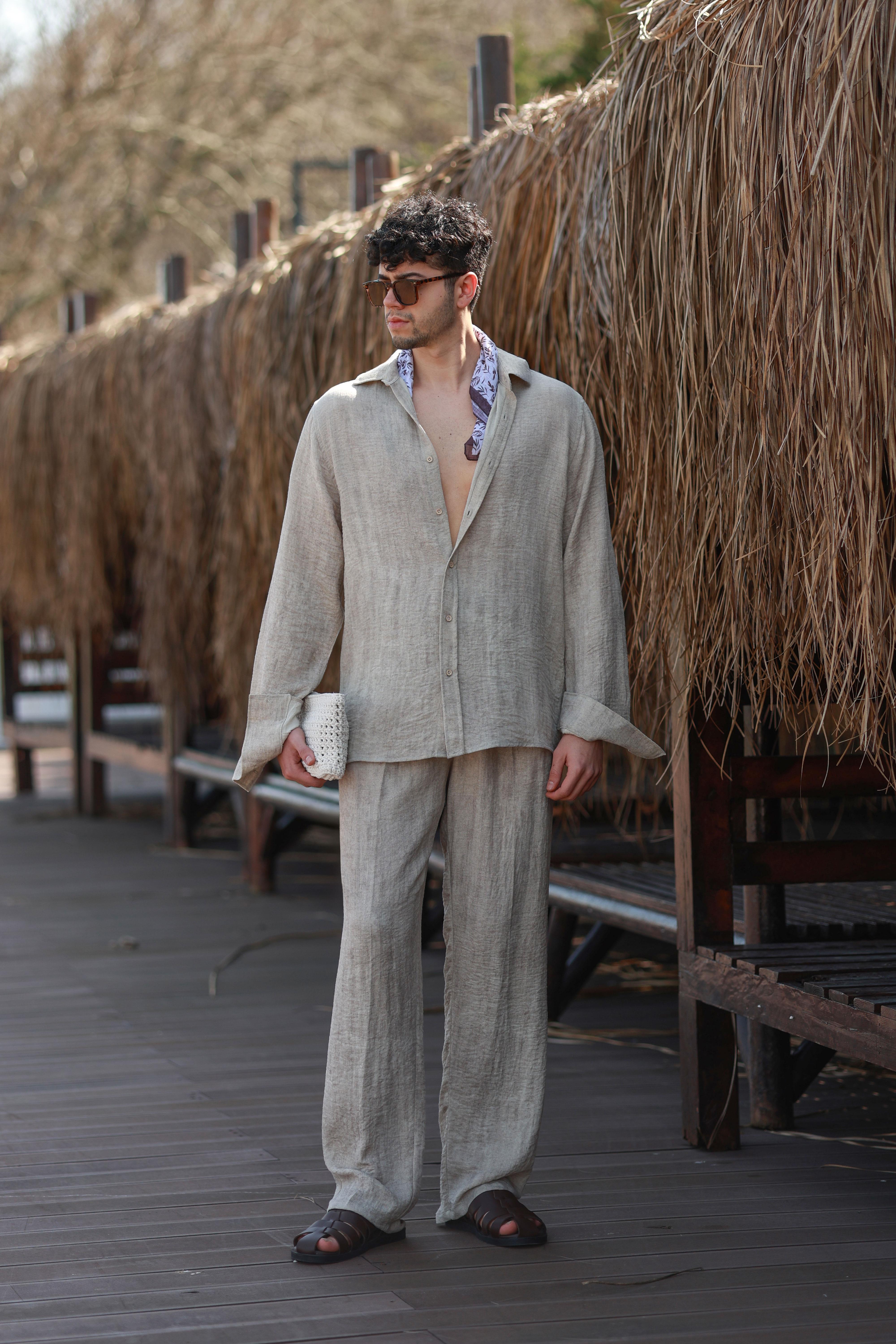 Premium Kalite Bej %70 Saf Keten %30 Pamuk Oversize Keten Takım