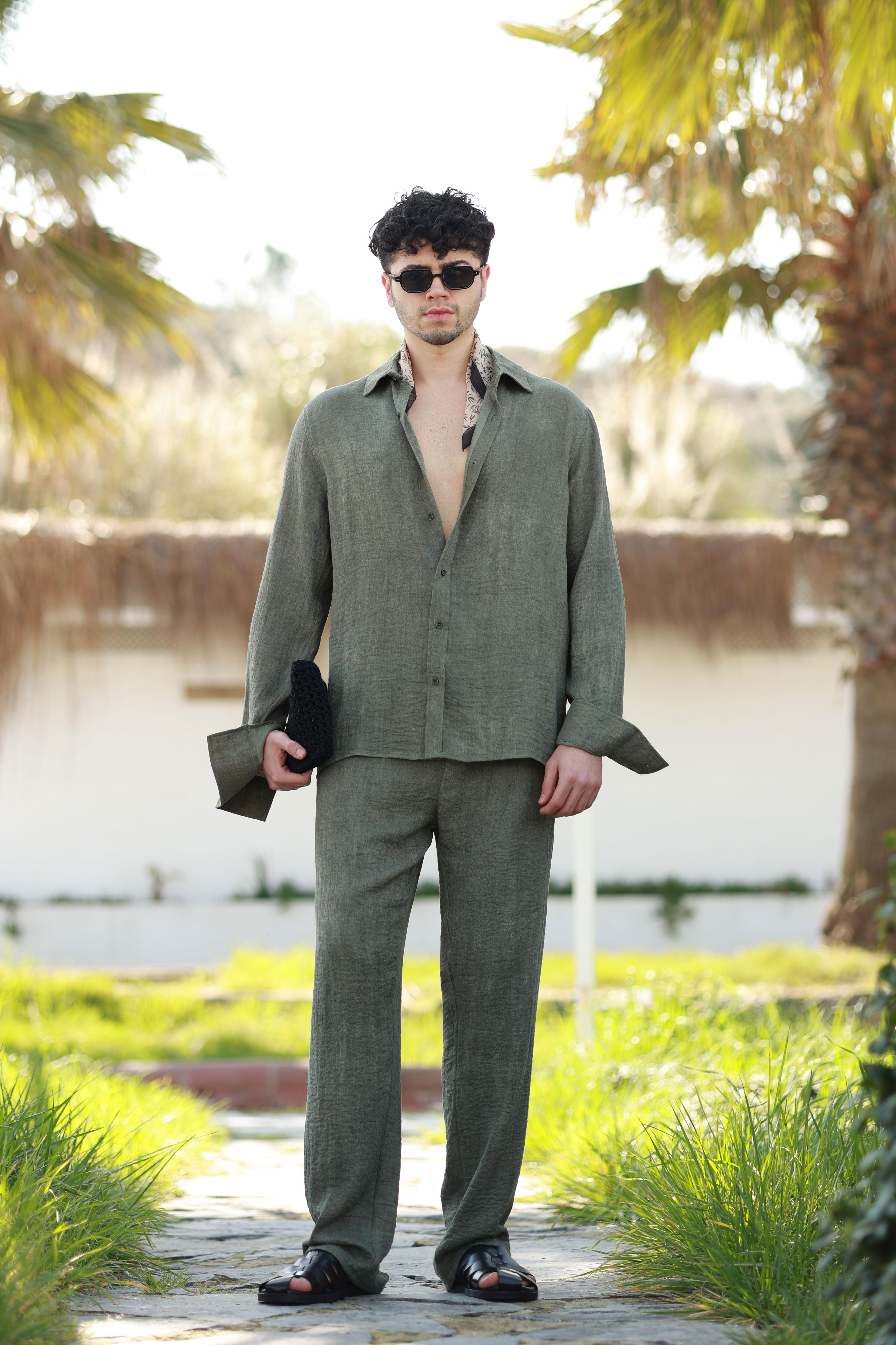 Premium Kalite Haki %70 Saf Keten %30 Pamuk Oversize Keten Takım