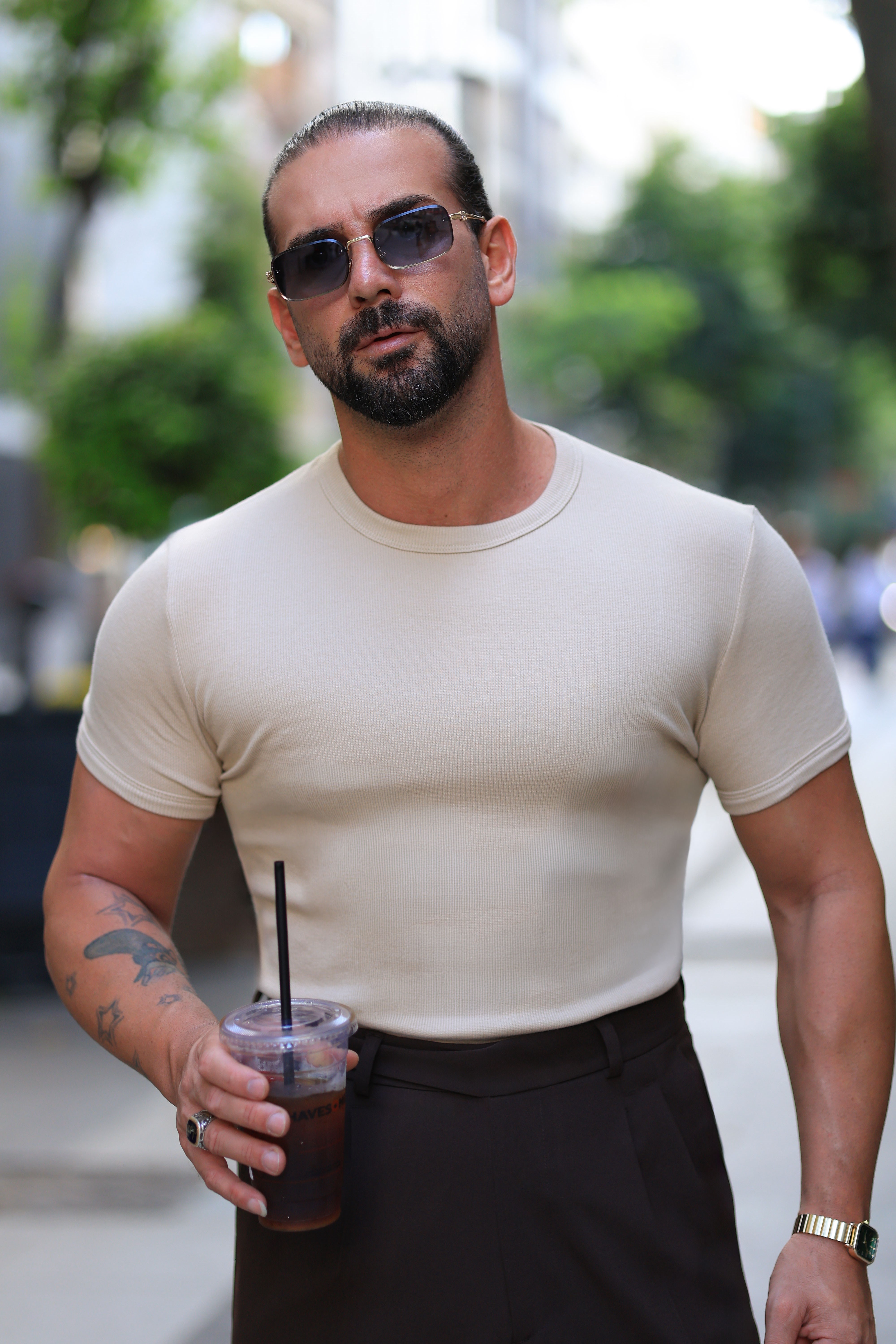  Premium Kalite Likralı Ribana Yaka ve Kol Detaylı Bej Slim Fit Triko