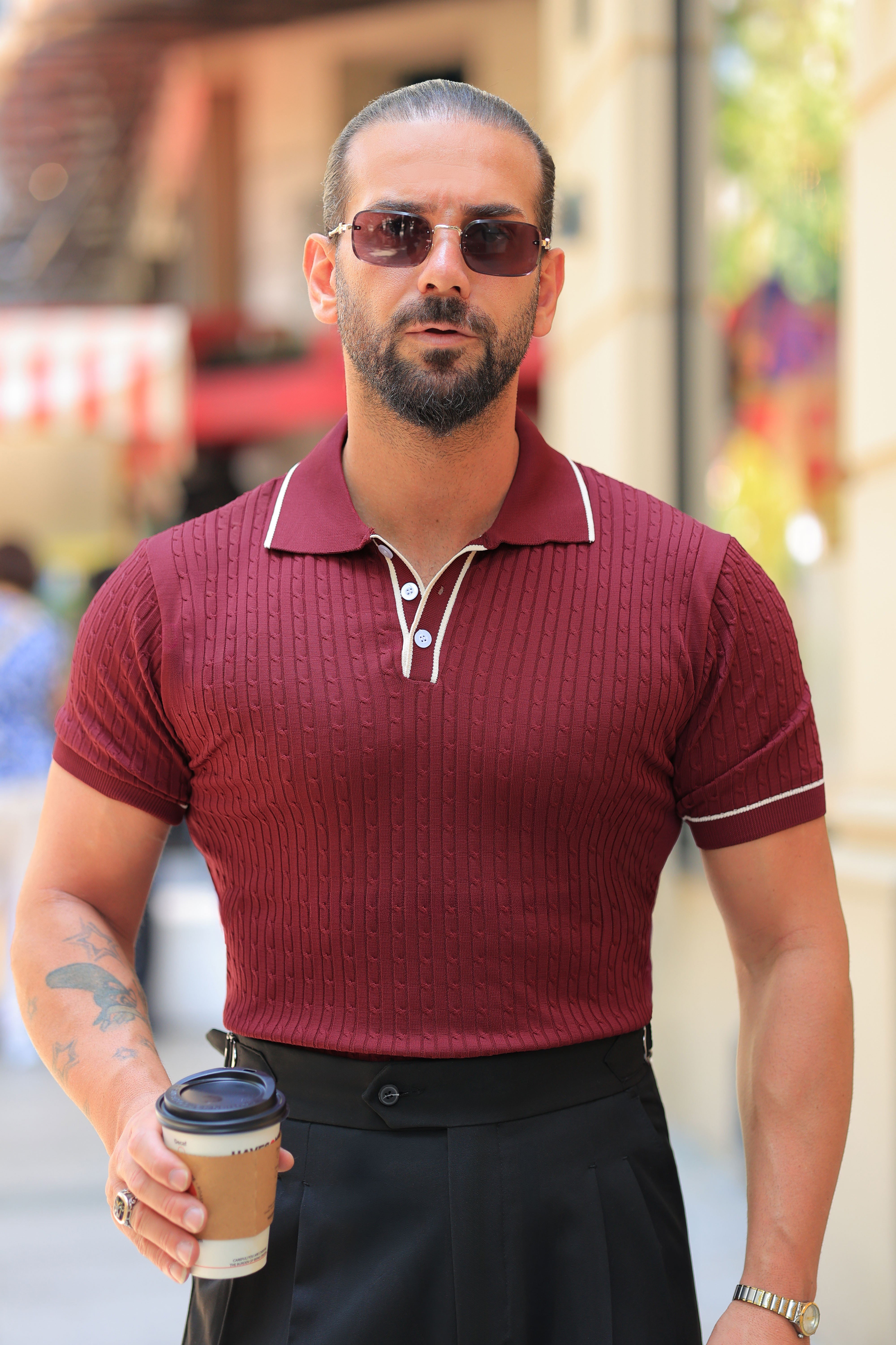 İtalyan Yaka Mürdüm Jakarlı Düğme Detay Regular Fit Triko