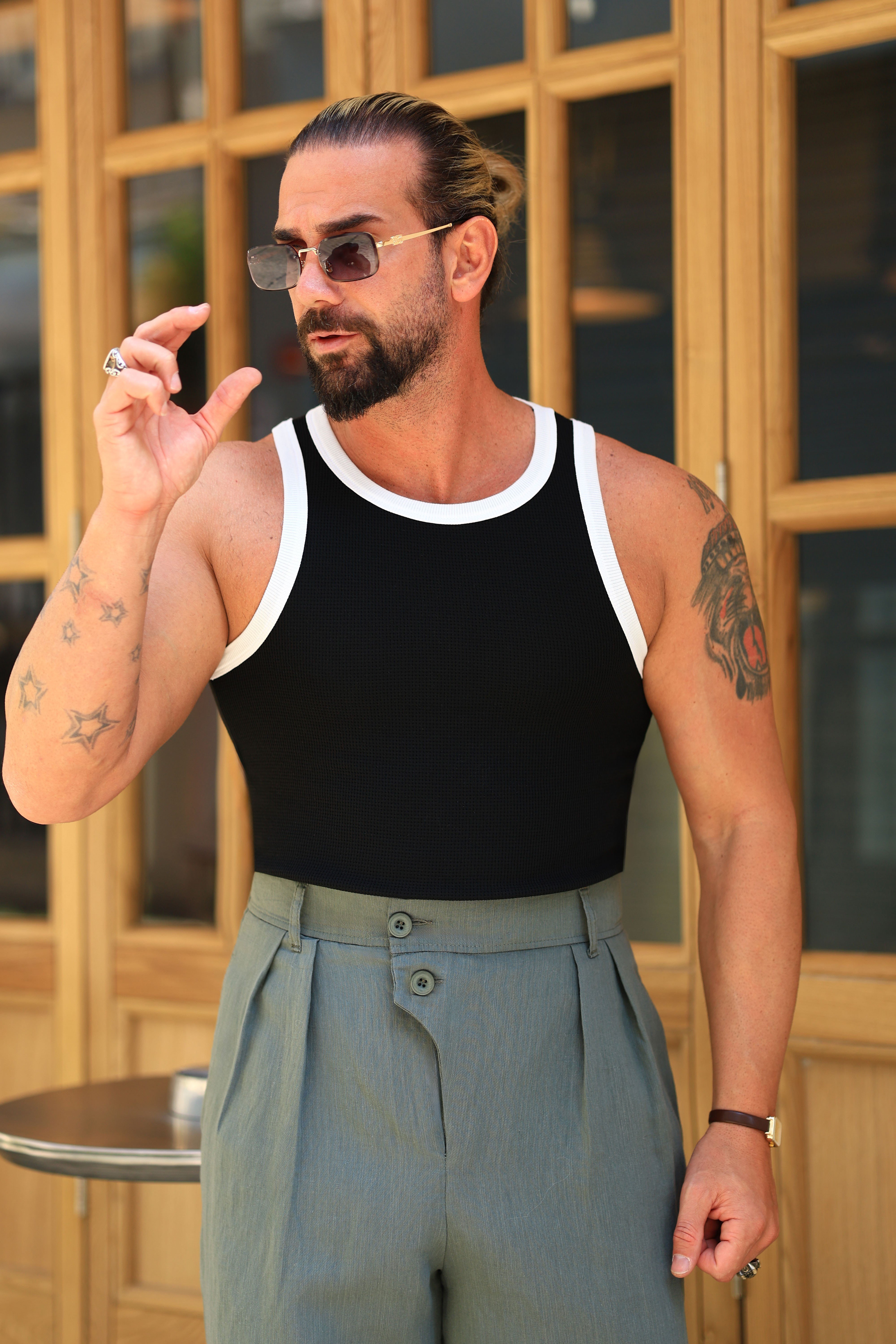 Premium Kalite Siyah Dokulu Kontrast Biye Detay Slim Fit Atlet