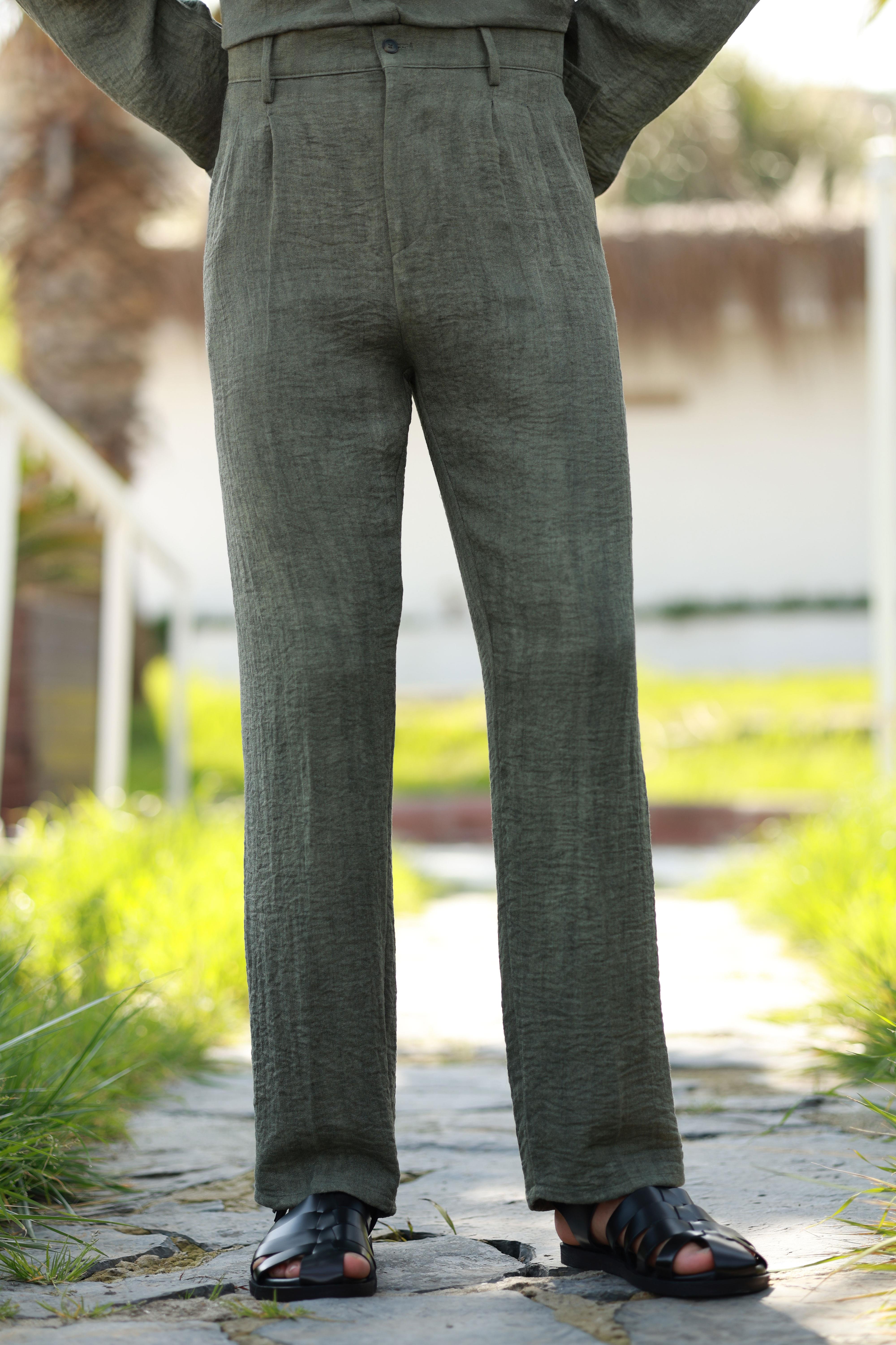 Premium Kalite Haki %70 Saf Keten %30 Pamuk Oversize Keten Pantolon