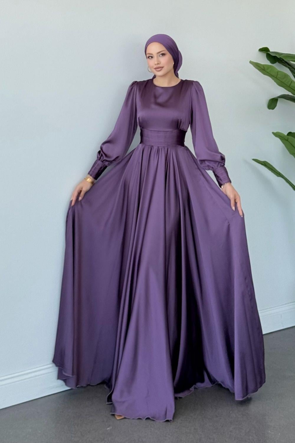 Beli Pilise Detaylı Maxi Tesettür Abiye Mor