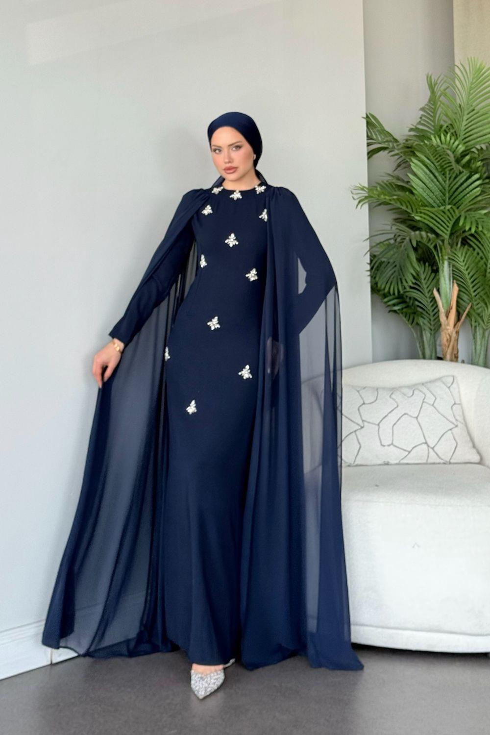 Cide Taş İşlemeli Abiye Lacivert
