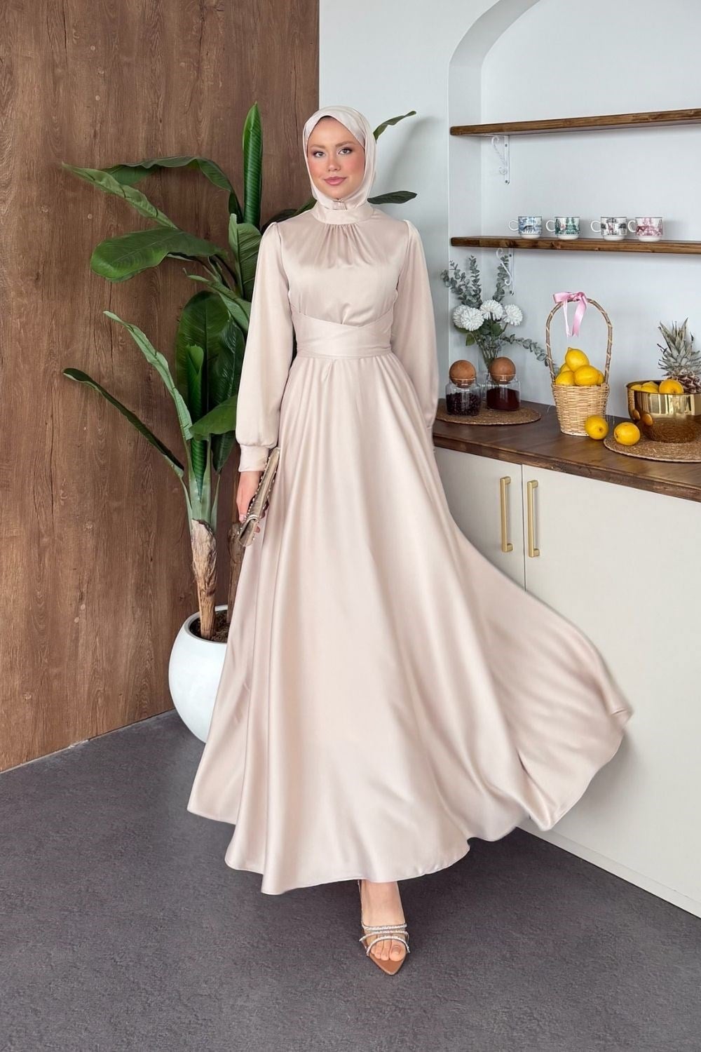 Grace Çapraz Saten Elbise Bej