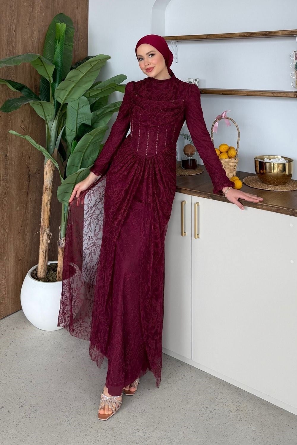 Juliet Korse Detay Dantel Abiye Bordo