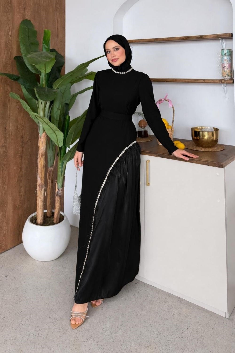 Pare Taşlı Abiye Siyah