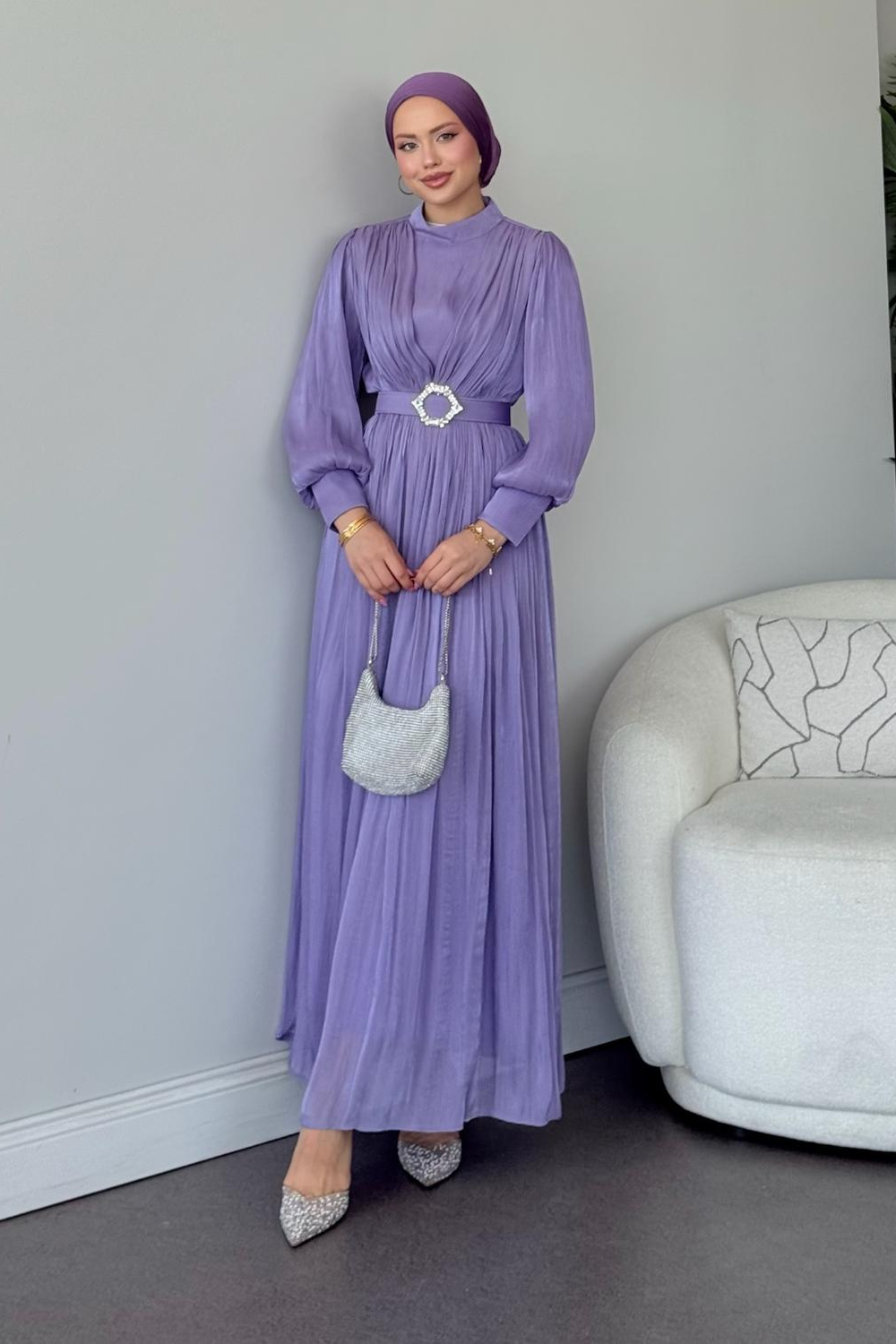 Seval Beli Kemerli Abiye Mor
