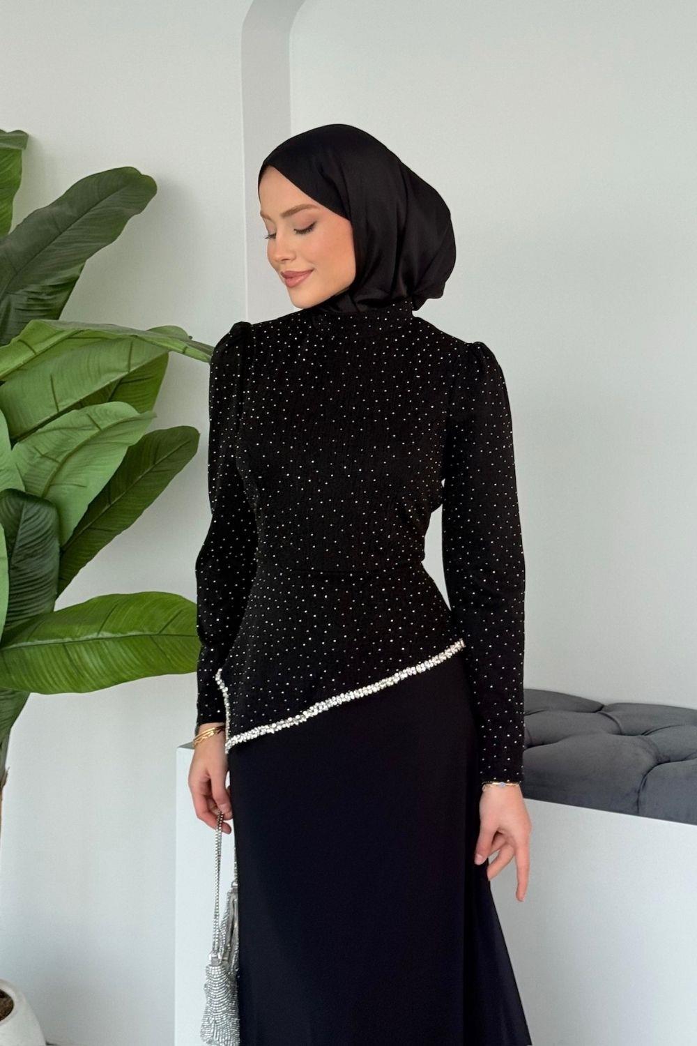 Taş Altı Şifon Abiye Siyah