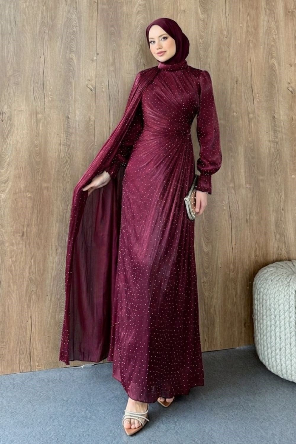 Taş Detaylı Abiye Bordo