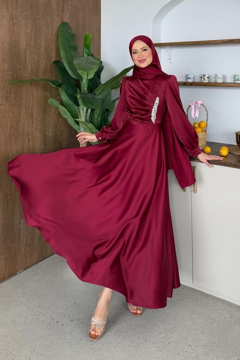 Taşlı Saten Abiye Bordo