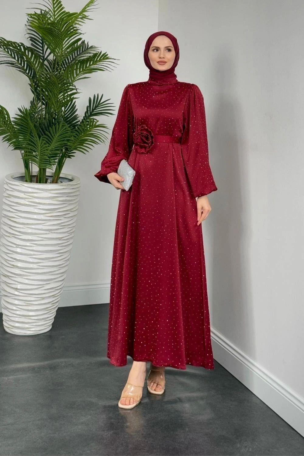 Es Taşlı Elbise Bordo