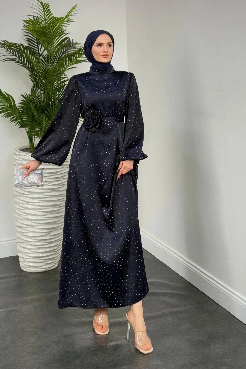 Es Taşlı Elbise Lacivert