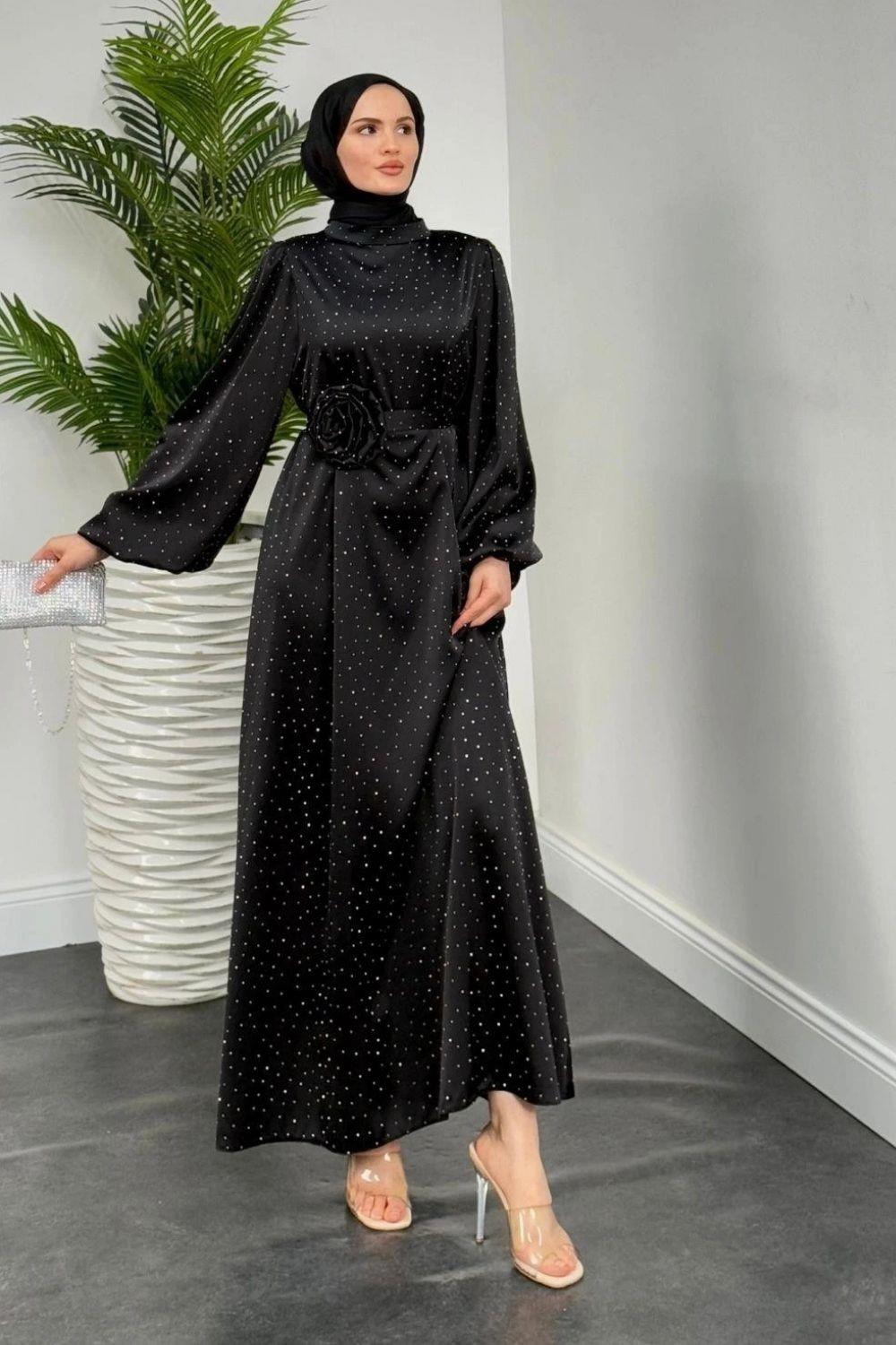 Es Taşlı Elbise Siyah