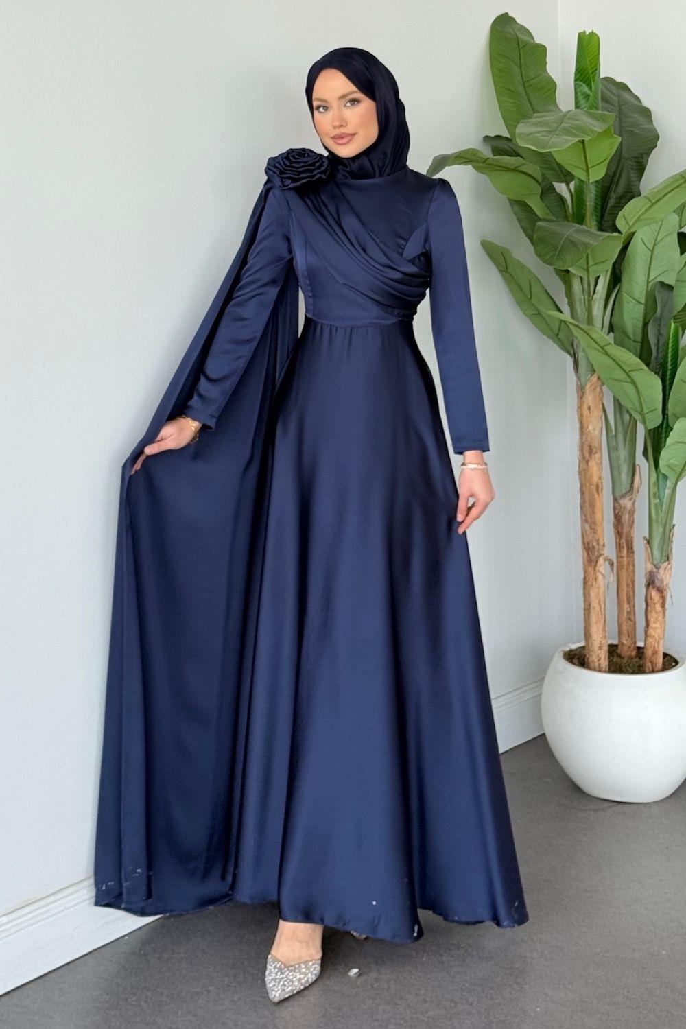 Fularlı Saten Abiye Lacivert