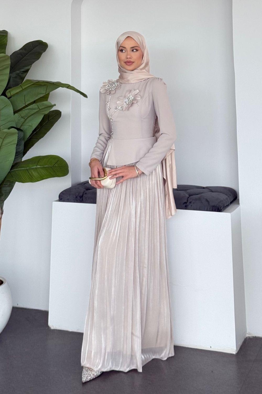 Gül Taşlı Abiye Bej