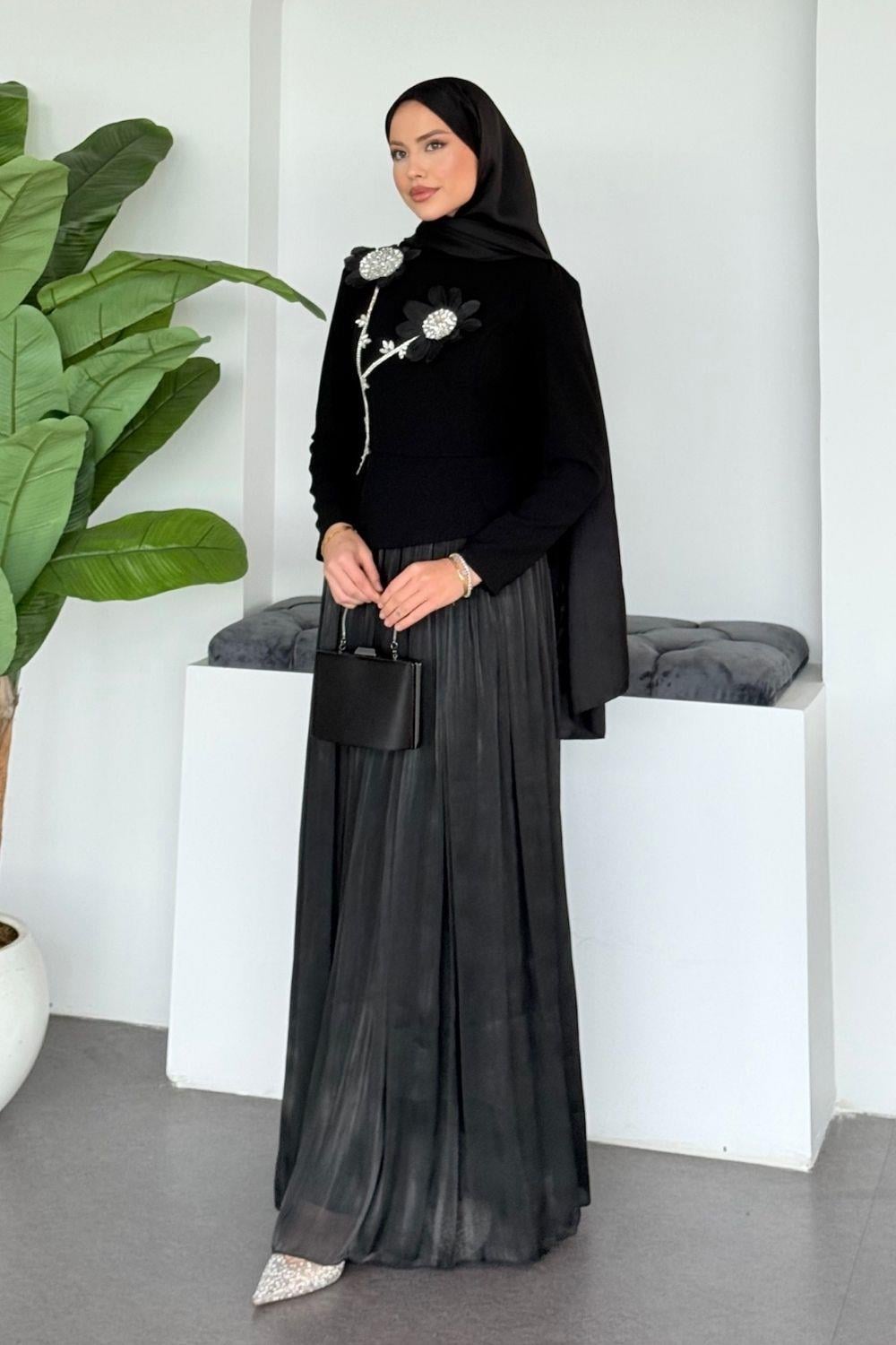 Gül Taşlı Abiye Siyah