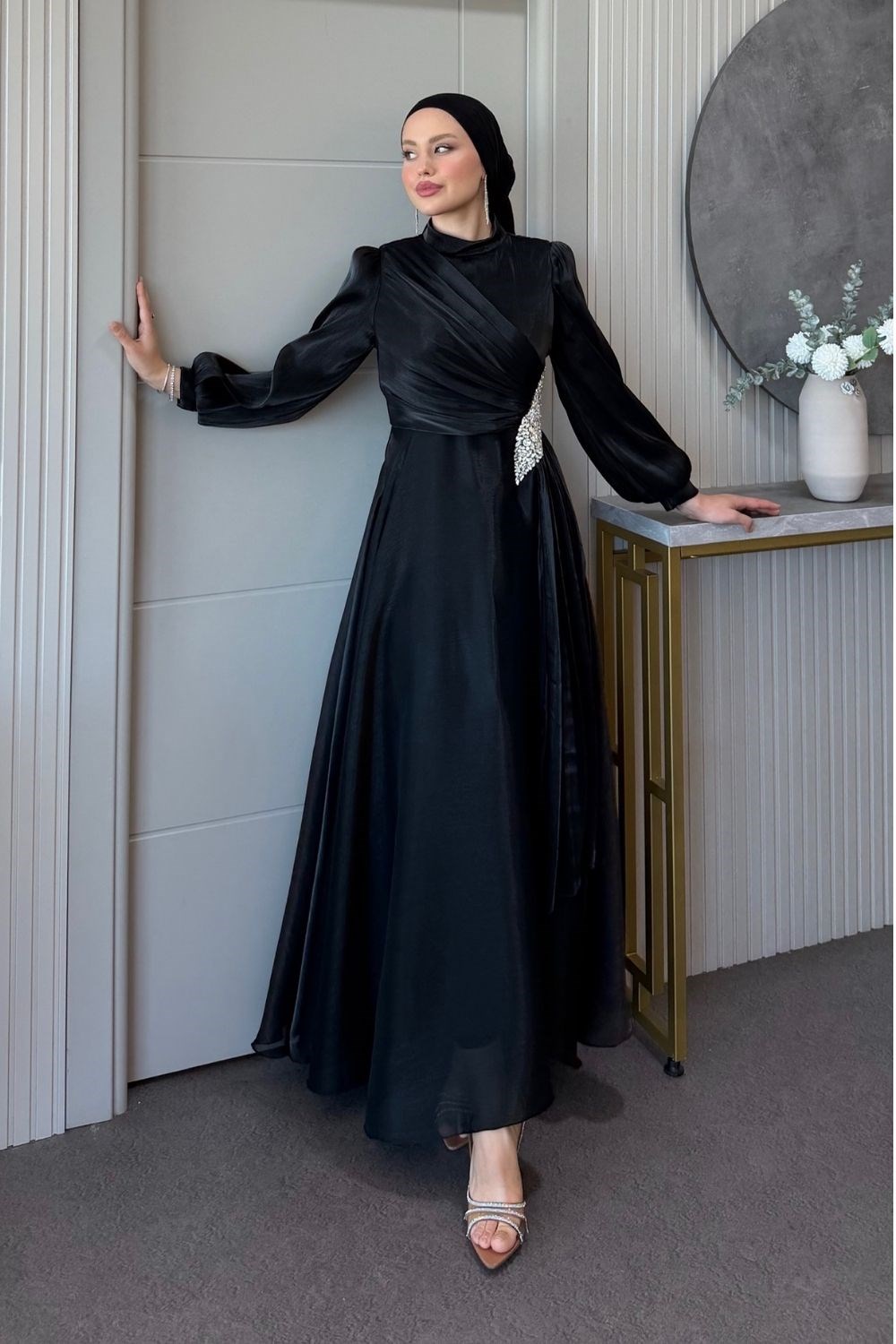 Kristal Drape Detay Abiye Siyah