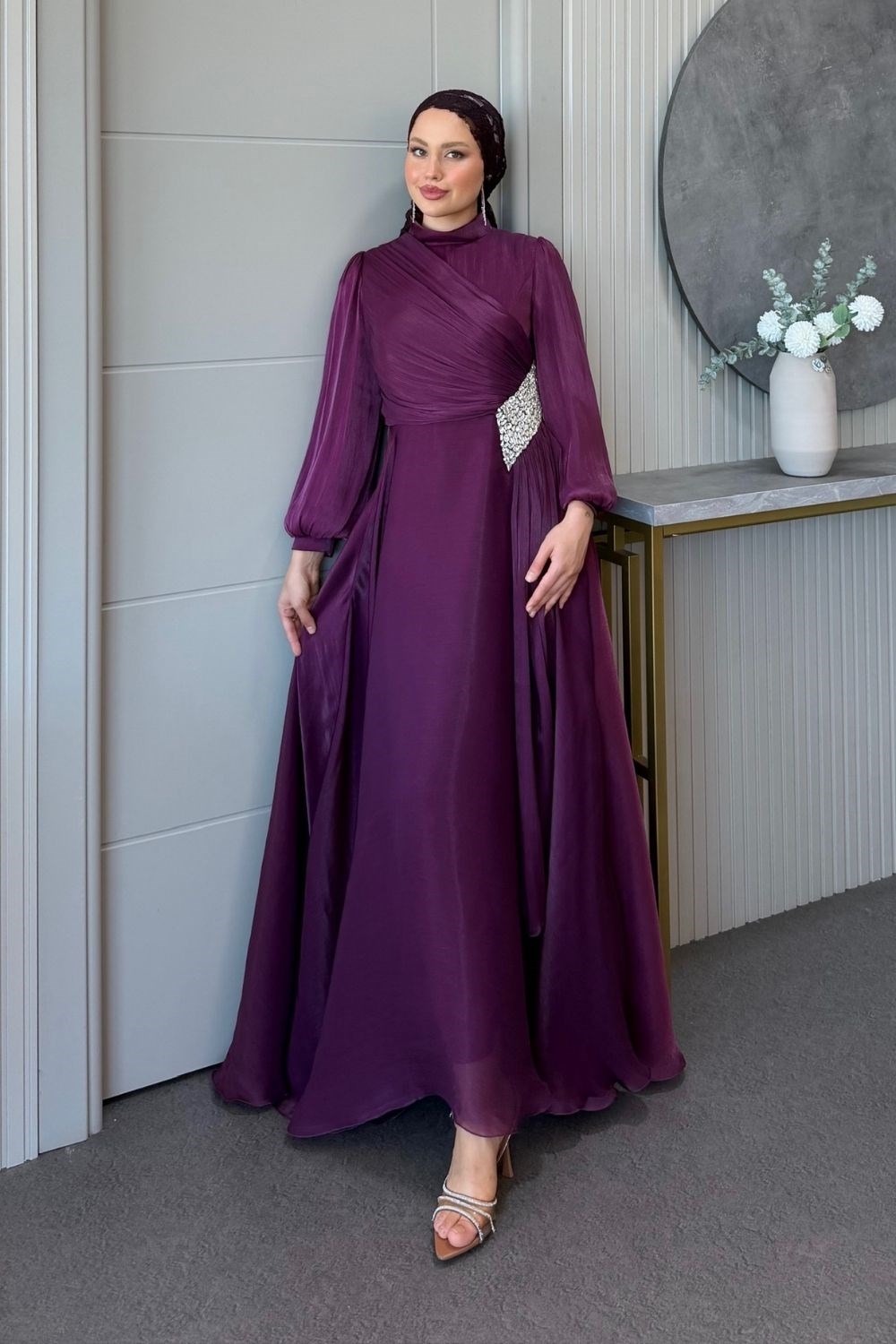 Kristal Drape Detay Abiye Vişne Çürüğü
