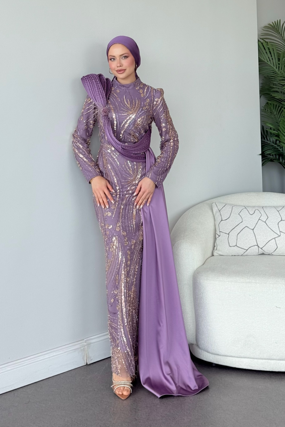 Lale Kristal Drapeli Abiye Mor