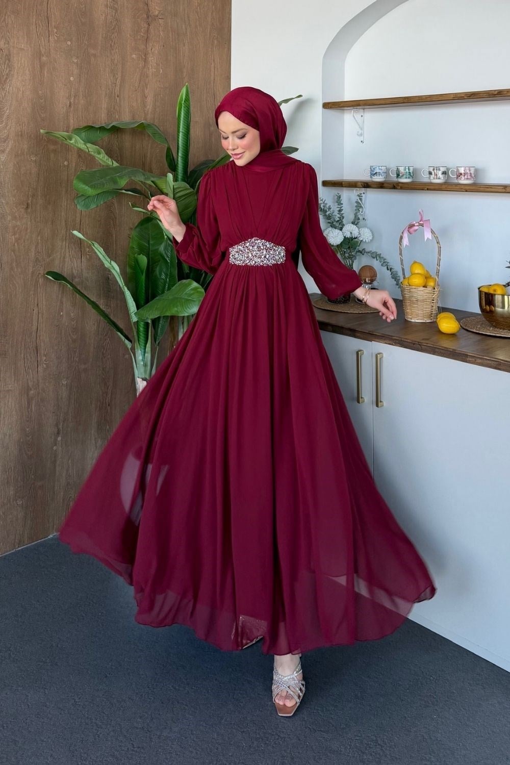 Larissa Önü Taş Dety Abiye Bordo