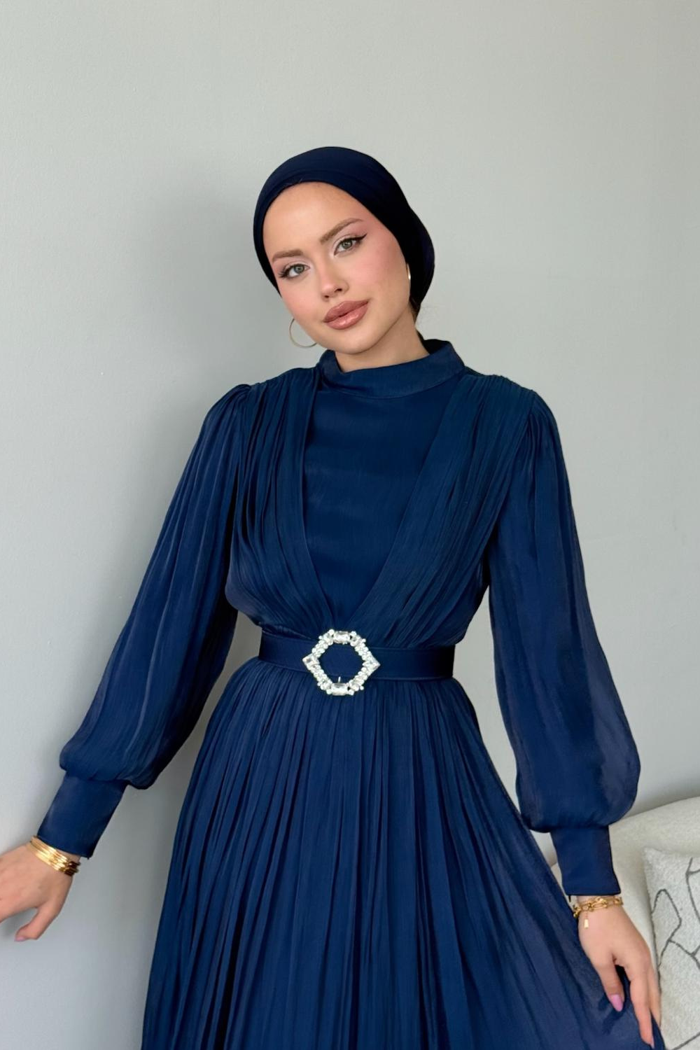 Seval Beli Kemerli Abiye Lacivert